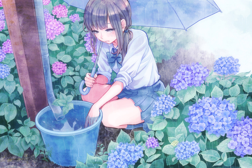1girl artist_request black_hair blush bow flower highres hydrangea original rain school_uniform skirt solo tears umbrella water