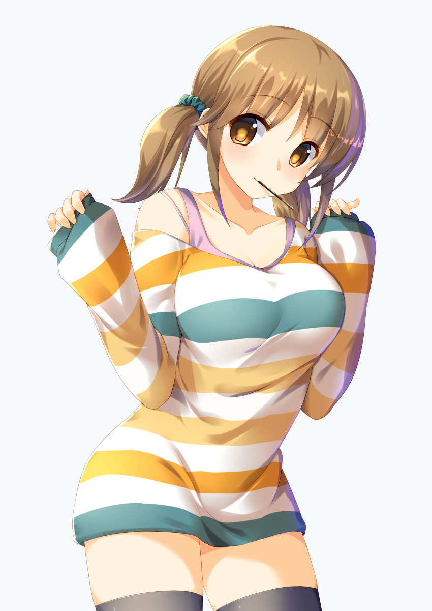 1girl absurdres black_legwear breasts brown_eyes brown_hair cleavage collarbone commentary_request eating eyebrows eyebrows_visible_through_hair food grey_background hands_up head_tilt highres idolmaster idolmaster_cinderella_girls large_breasts looking_at_viewer miyashita_maka pocky pocky_day scrunchie shirt simple_background sleeves_past_wrists solo striped striped_shirt totoki_airi translated