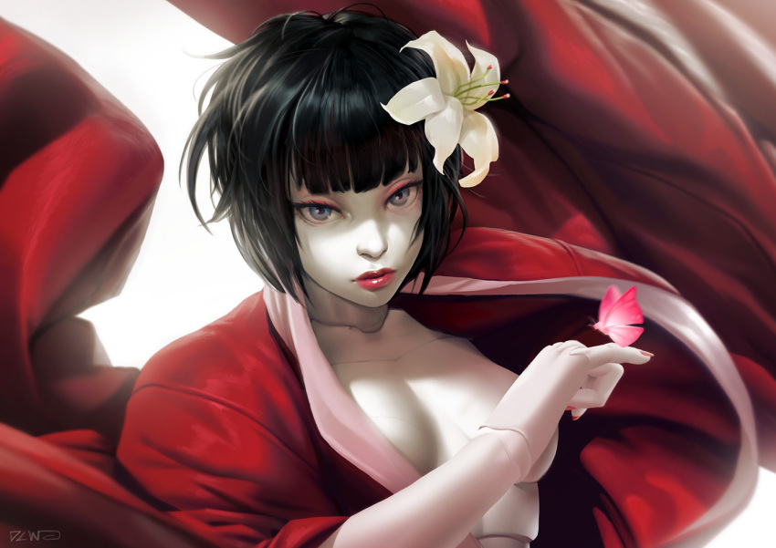 1girl android black_hair blue_eyes butterfly dcwj flower ghost_in_the_shell ghost_in_the_shell:_innocence hadaly hair_flower hair_ornament lipstick looking_at_viewer makeup nail_polish open_clothes pale_skin robot_joints short_hair solo
