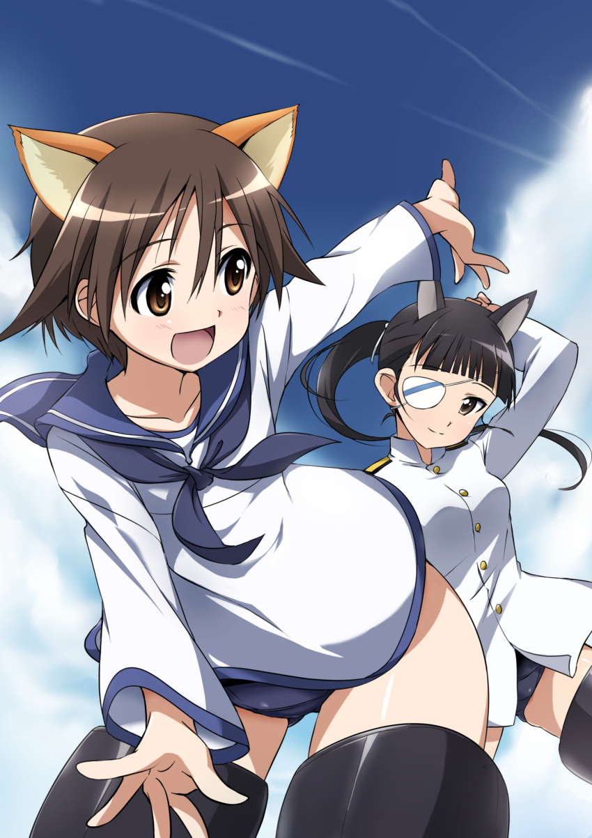 2girls animal_ears arm_up black_hair blue_sky blue_swimsuit brown_eyes brown_hair clouds dog_ears eyepatch flying gluteal_fold highres long_sleeves looking_at_another midair military military_uniform miyafuji_yoshika multiple_girls one-piece_swimsuit open_mouth outstretched_arm ponytail sakamoto_mio school_swimsuit school_uniform serafuku shiny shiny_hair shiny_skin sky smile strike_witches striker_unit swimsuit swimsuit_under_clothes uniform world_witches_series yumekaranigeruna