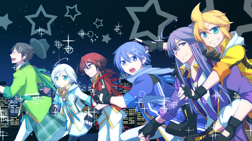 6+boys ahoge aqua_eyes blue_eyes blue_hair blue_scarf boots city city_lights fingerless_gloves glasses gloves grin hair_ornament hairclip haru_aki hiyama_kiyoteru idol kagamine_len kaito kamui_gakupo long_hair male_focus multiple_boys piggyback ponytail purple_hair redhead running sash scarf short_hair silver_hair smile sparkle star trilby utatane_piko vocaloid vy2 yellow_eyes