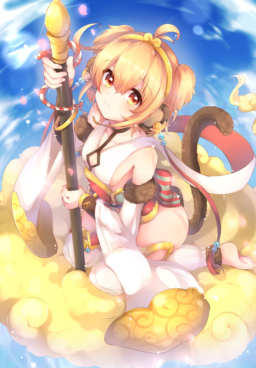 1girl :3 absurdres ahoge anchira_(granblue_fantasy) animal_ears bangs bare_shoulders barefoot blonde_hair blue_sky blush bow bracer breasts cherry_blossoms cleavage cleavage_cutout closed_mouth clouds collarbone detached_sleeves diamond_(shape) earrings erun_(granblue_fantasy) eyebrows eyebrows_visible_through_hair eyes_visible_through_hair feet fingernails fur granblue_fantasy hagoromo hair_between_eyes hairband halterneck highres holding holding_staff jewelry kaenuco leggings leotard light_particles long_sleeves looking_at_viewer monkey_ears monkey_tail orange_eyes petals rope sash shawl shimenawa short_hair sitting sitting_on_cloud sky small_breasts solo sparkle staff striped striped_bow tail toes two_side_up wariza white_leotard wide_sleeves