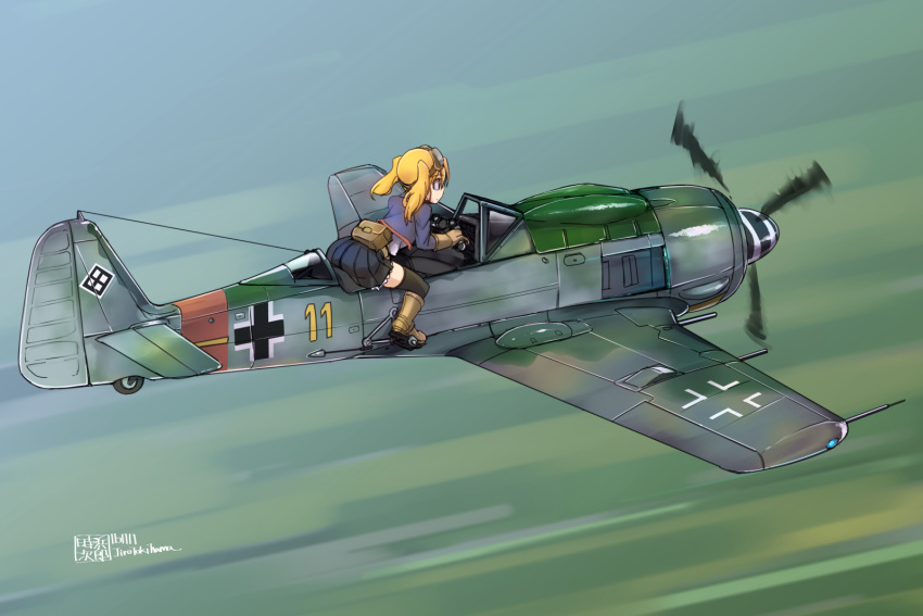 1girl aircraft black_legwear blonde_hair boots flying fw_190 goggles goggles_on_head highres long_hair original pleated_skirt pouch signature skirt solo thigh-highs tokihama_jirou twintails world_war_ii