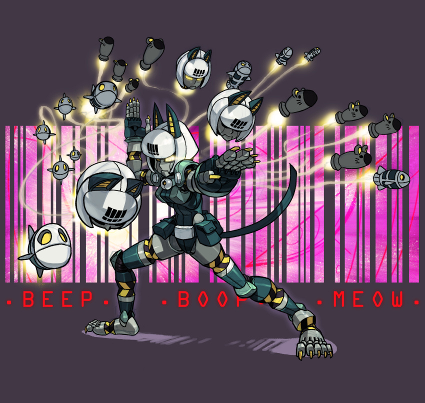 alex_ahad animal_ears belt foreshortening glowing glowing_eyes highres missile official_art robo-fortune robot_girl skullgirls tagme tail yellow_eyes