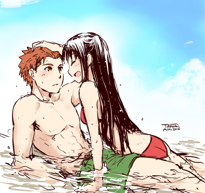 1boy 1girl artist_name ass bikini black_hair blush closed_eyes couple emiya_shirou eye_contact face-to-face fate/stay_night fate_(series) female_swimwear from_side hair_ornament long_hair looking_at_another male_swimwear open_mouth orange_eyes orange_hair partially_submerged red_bikini red_swimsuit smile staring summer swim_trunks swimsuit swimwear tohsaka_rin twintails water yukako_(toyoyuki)