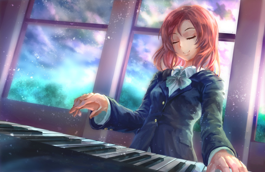 1girl bow clouds freeze-ex instrument love_live!_school_idol_project nishikino_maki piano redhead short_hair