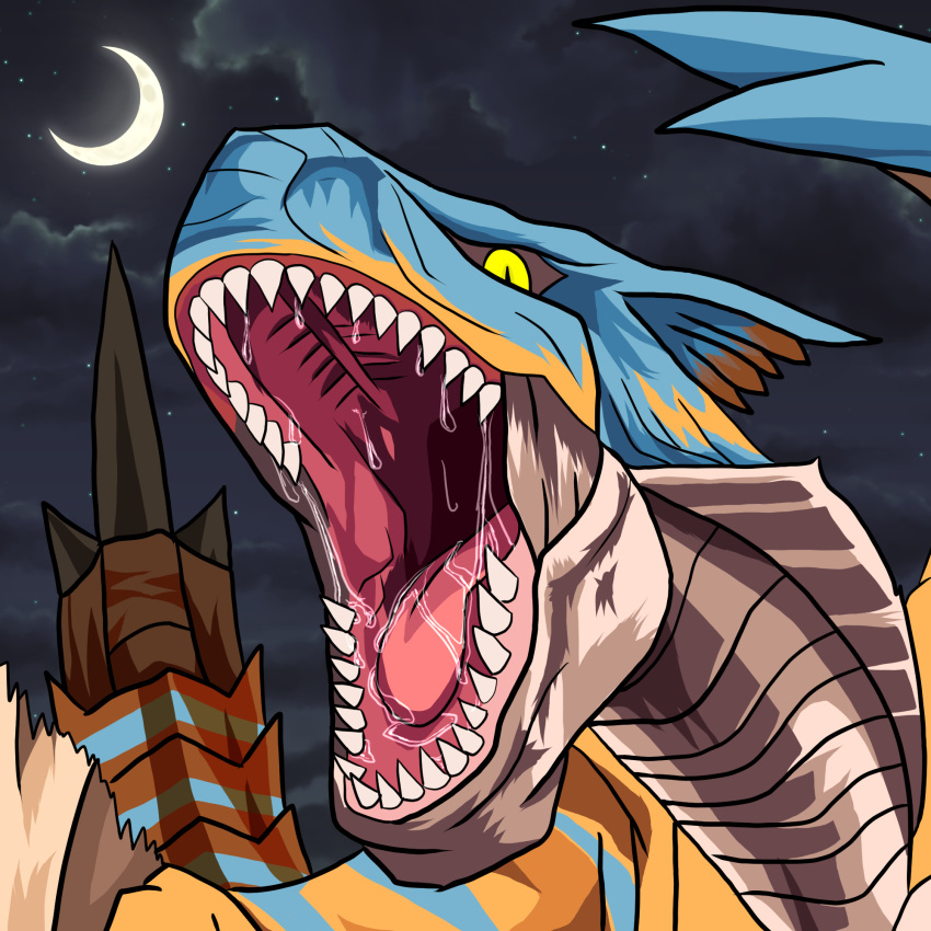 capcom crescent_moon monster monster_hunter moon night no_humans open_mouth saliva scales star_(sky) teeth tigrex tongue yellow_eyes