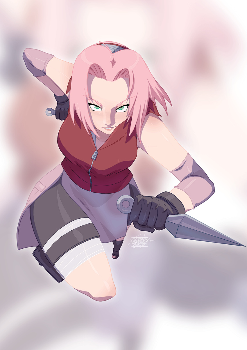 1girl alternate_breast_size bare_shoulders bike_shorts black_boots black_gloves blush boots breasts collarbone dual_wielding gloves green_eyes haruno_sakura headband holding holding_weapon holster konohagakure_symbol kunai lips looking_at_viewer naruto naruto_shippuuden open_toe_shoes parted_lips pink_hair red_shirt shirt shoes short_hair shorts shorts_under_skirt side_slit sleeveless sleeveless_shirt smile solo thigh_holster thigh_strap tovio_rogers weapon zipper