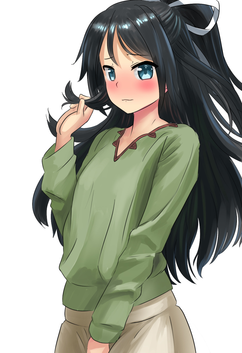 1girl alternate_costume ao_iro black_hair blue_eyes embarrassed eyebrows eyebrows_visible_through_hair green_shirt hair_between_eyes hair_ribbon hair_twirling highres kantai_collection katsuragi_(kantai_collection) light_smile long_hair looking_at_viewer ponytail ribbon shirt upper_body white_background