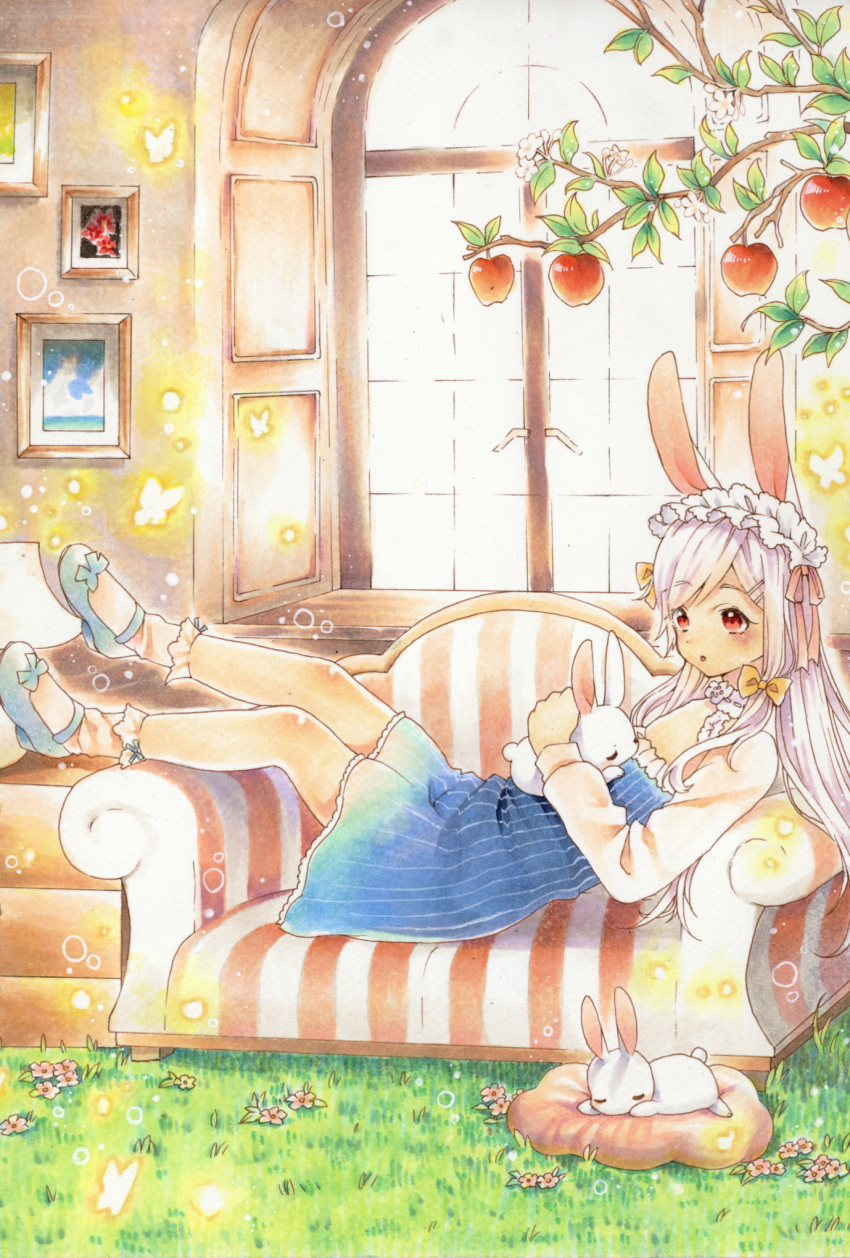 1girl :o animal animal_ears animal_on_chest apple apple_tree blue_shoes bobby_socks butterfly couch detached_collar detached_sleeves dress flower food fruit grass hair_ribbon hairband highres indoors lamp lavender_hair lolita_hairband long_hair looking_to_the_side marker_(medium) millipen_(medium) mizuki_eiru_(akagi_kurage) on_couch original picture_(object) pillow rabbit rabbit_ears reclining red_eyes ribbon shoes socks solo striped striped_dress traditional_media tree tress_ribbon window windowsill