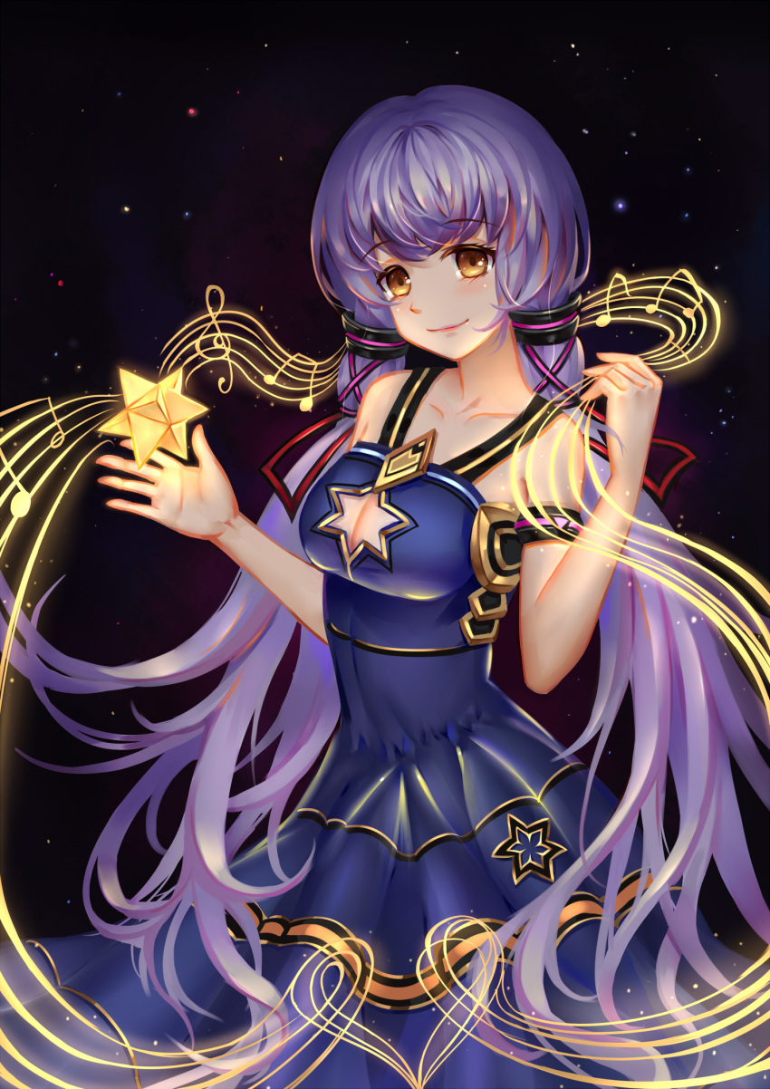 1girl blue_dress breasts cleavage cleavage_cutout collarbone dress hair_ornament highres long_hair mafuyu_(867208837) purple_hair smile solo star_cutout twintails vocaloid xingchen yellow_eyes