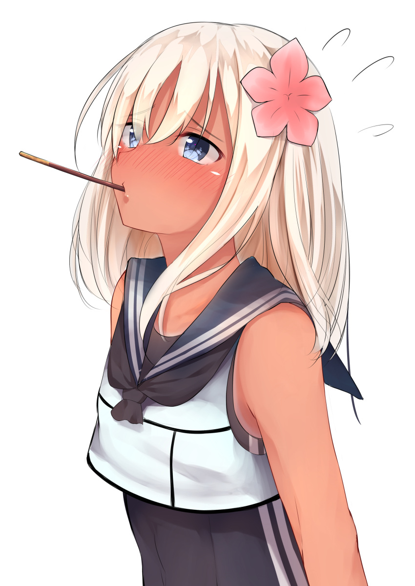 1girl absurdres arms_at_sides bangs bare_arms bare_shoulders blue_eyes blush breasts crop_top crop_top_overhang flower flying_sweatdrops food food_in_mouth from_side go-1 hair_flower hair_ornament highres kantai_collection long_hair mouth_hold neckerchief one-piece_swimsuit pink_flower pocky pocky_day ro-500_(kantai_collection) school_swimsuit school_uniform serafuku sleeveless small_breasts solo swimsuit swimsuit_under_clothes tan upper_body white_background white_hair