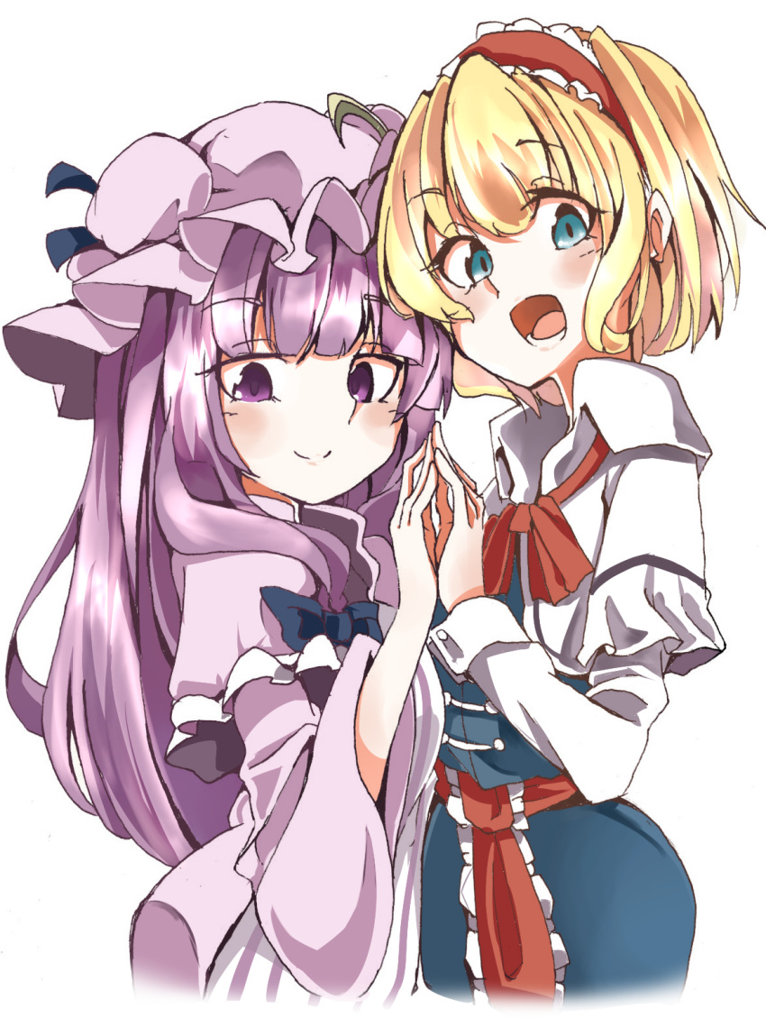 2girls alice_margatroid blonde_hair blue_dress blue_eyes capelet crescent_moon double_bun dress from_side gokuu_(acoloredpencil) hair_between_eyes hair_over_shoulder hair_ribbon hairband half-closed_eyes hands_clasped hands_together hat hat_ornament height_difference highres jitome light_smile long_hair mob_cap moon multiple_girls open_mouth patchouli_knowledge purple_dress purple_hair ribbon short_hair sidelocks striped tongue touhou tress_ribbon upper_body vertical-striped_dress vertical_stripes violet_eyes