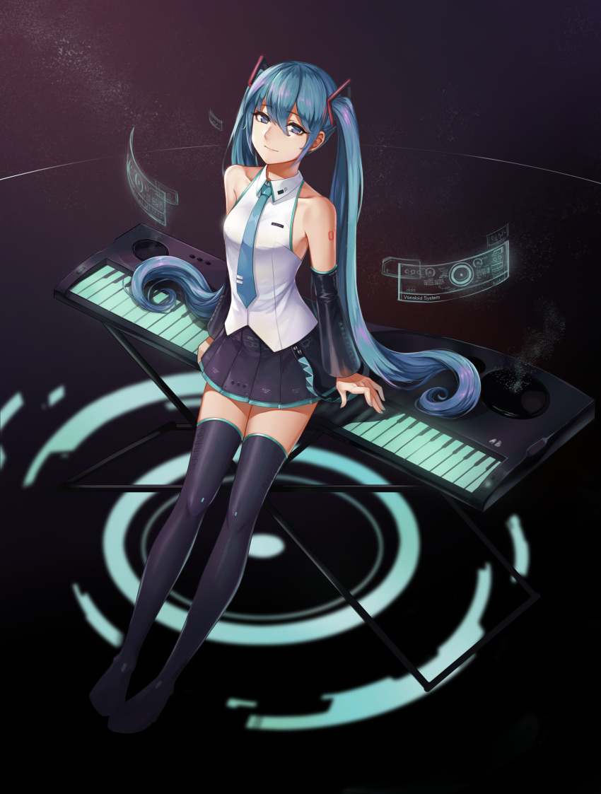 1girl absurdres aliceblue aqua_eyes aqua_hair bare_shoulders detached_sleeves hatsune_miku highres instrument keyboard_(instrument) long_hair looking_at_viewer necktie pleated_skirt sitting skirt smile solo tattoo thigh-highs twintails very_long_hair vocaloid zettai_ryouiki