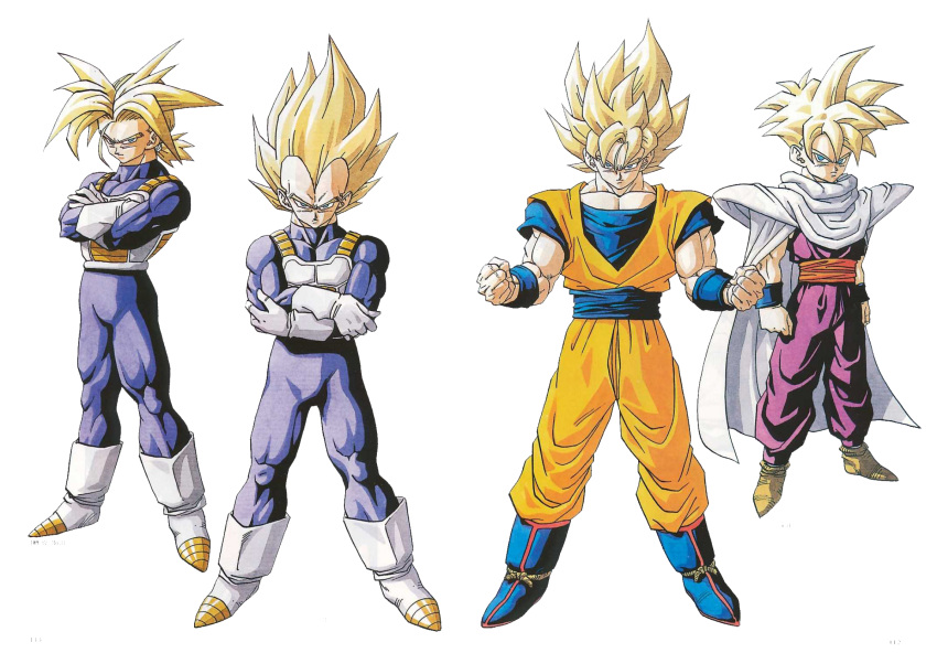 4boys dragon_ball dragon_ball_z full_body highres male_focus multiple_boys son_gohan son_goku super_saiyan trunks_(dragon_ball) trunks_(future)_(dragon_ball) vegeta white_background