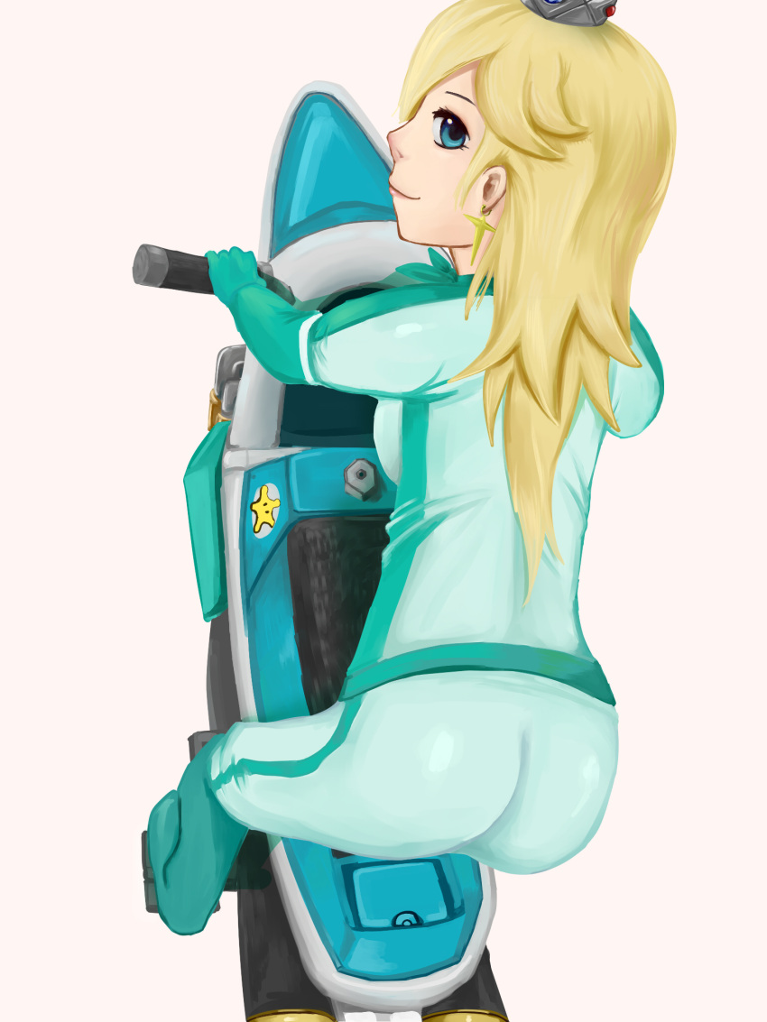 1girl aqua_eyes artist_request ass backboob biker_clothes bikesuit blonde_hair blush boots breasts crown from_above from_behind ground_vehicle hair_over_one_eye long_hair looking_back super_mario_bros. mario_kart motor_vehicle motorcycle nintendo rosetta_(mario) shiny shiny_clothes smile solo super_mario_bros. super_mario_galaxy