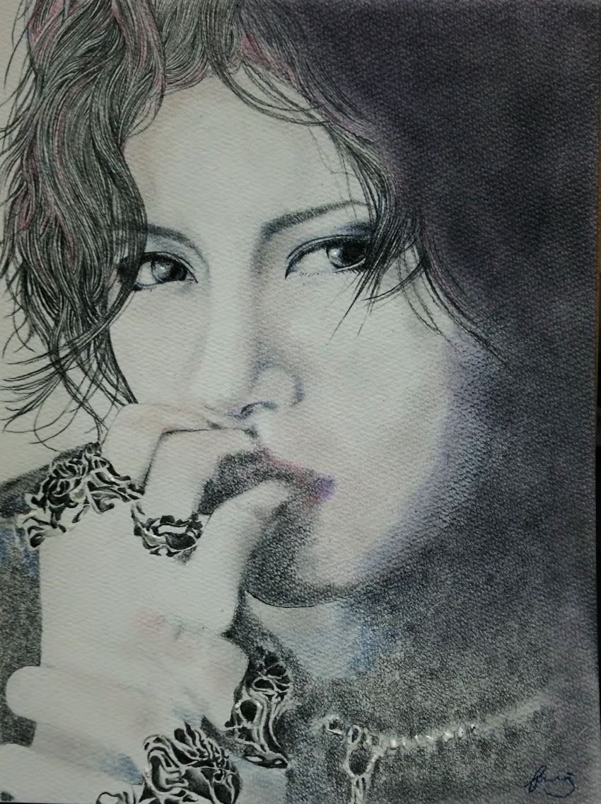1boy gackt highres j-rock jewelry looking_at_viewer male_focus monochrome musician necklace ring solo traditional_media