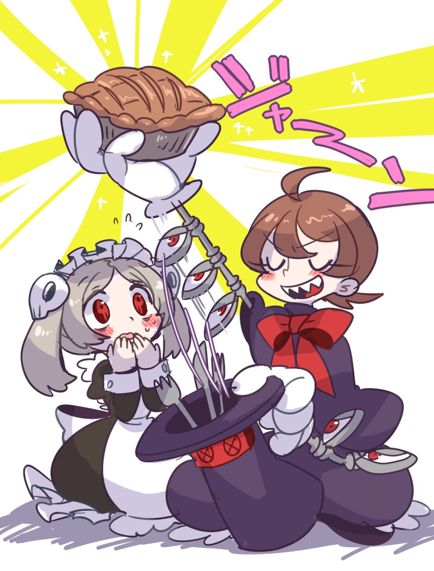 2girls ahoge apron artist_request blush brown_hair closed_eyes dress female food fork gloves grey_hair hair_ornament hat knife maid maid_apron mechanical_arms motion_lines multiple_girls open_mouth peacock_(skullgirls) pie red_eyes ribbon sharp_teeth short_hair simple_background skull-shaped_pupils skull_hair_ornament skullgirls smile symbol-shaped_pupils teeth top_hat twintails white_background
