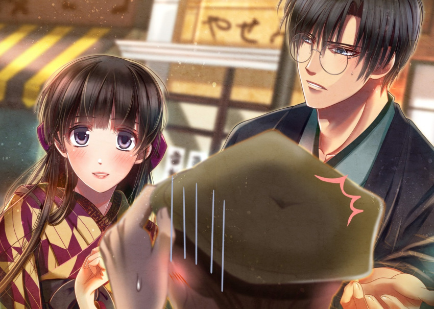 1girl 2boys adjusting_clothes adjusting_hat black_hair blurry blurry_background blush bow brown_hair glasses grey_eyes hair_bow hat izumi_(stardustalone) japanese_clothes kimono long_hair looking_at_another multiple_boys original outdoors outstretched_hand parted_lips renri_no_chigiri_wo_kimi_to_shiru smile standing sweatdrop upper_body very_long_hair wide_sleeves