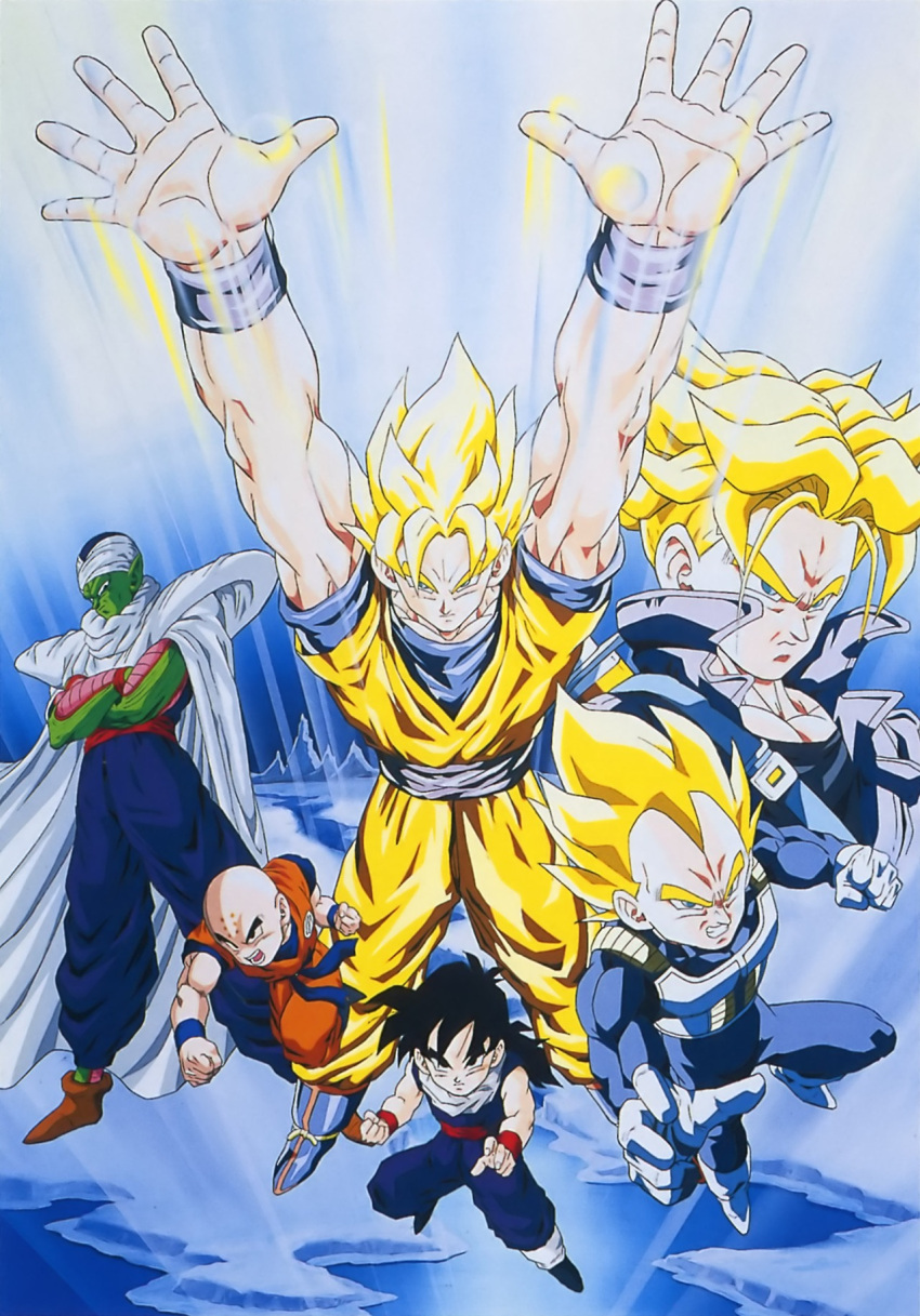 6+boys belt boots cape dragon_ball dragon_ball_z gradient gradient_background kuririn male_focus multiple_boys piccolo son_gohan son_goku spiky_hair super_saiyan trunks_(dragon_ball) trunks_(future)_(dragon_ball) vegeta