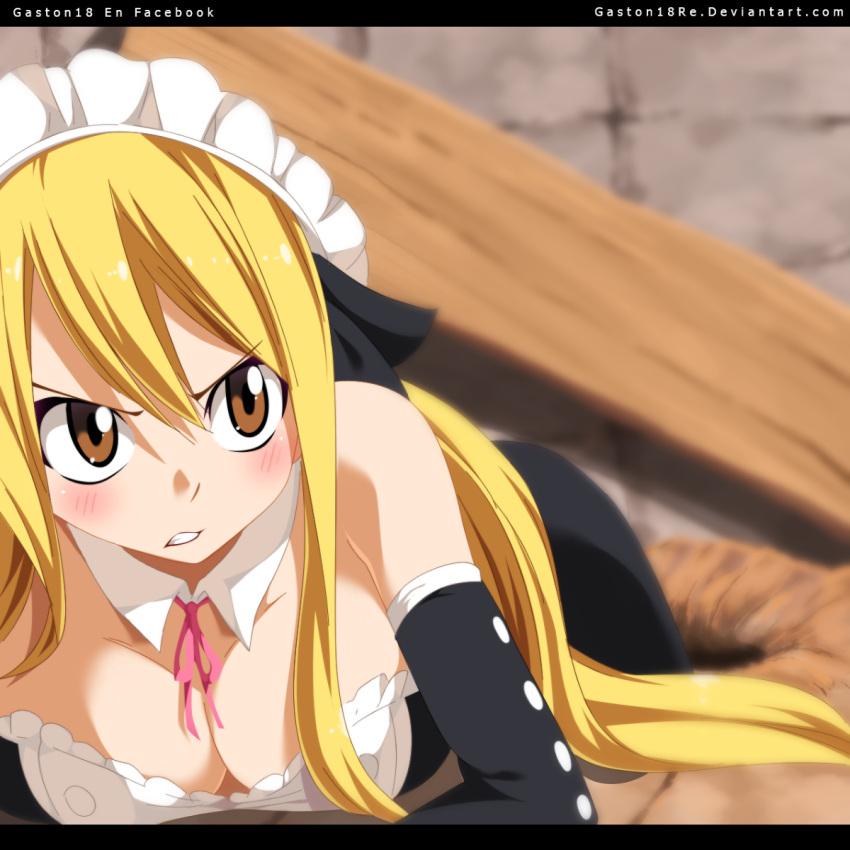 1girl angry bare_shoulders blonde_hair blush breasts brown_eyes cleavage clenched_teeth fairy_tail gaston18 long_hair lucy_heartfilia lying maid maid_headdress on_stomach solo tagme teeth