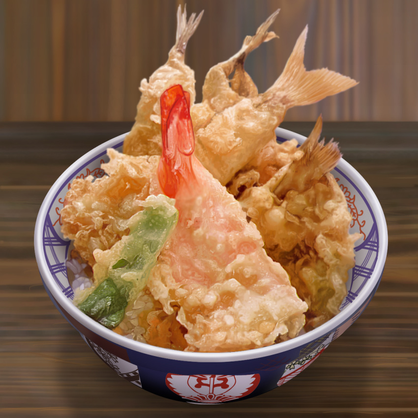 bowl fish food hokkaido_(artist) no_humans photorealistic realistic rice shrimp tempura