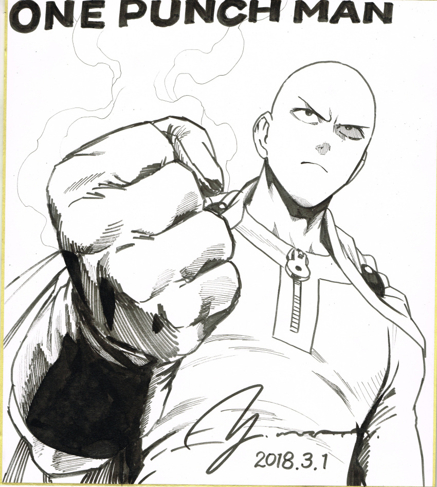 1boy absurdres bald bodysuit cape clenched_hand closed_mouth dated foreshortening from_below frown gloves greyscale highres monochrome murata_yuusuke official_art one-punch_man photo saitama_(one-punch_man) serious signature solo superhero traditional_media upper_body