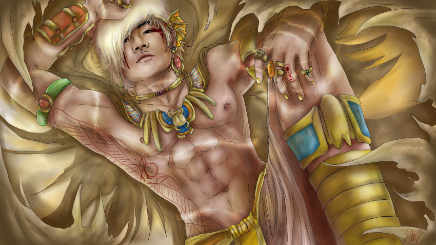 1boy abs alternate_costume armband bigbang blonde_hair choker cloak daesung earrings egyptian_clothes highres jewelry k-pop loincloth looking_at_viewer male_focus muscle nail_polish necklace ring solo tattoo topless