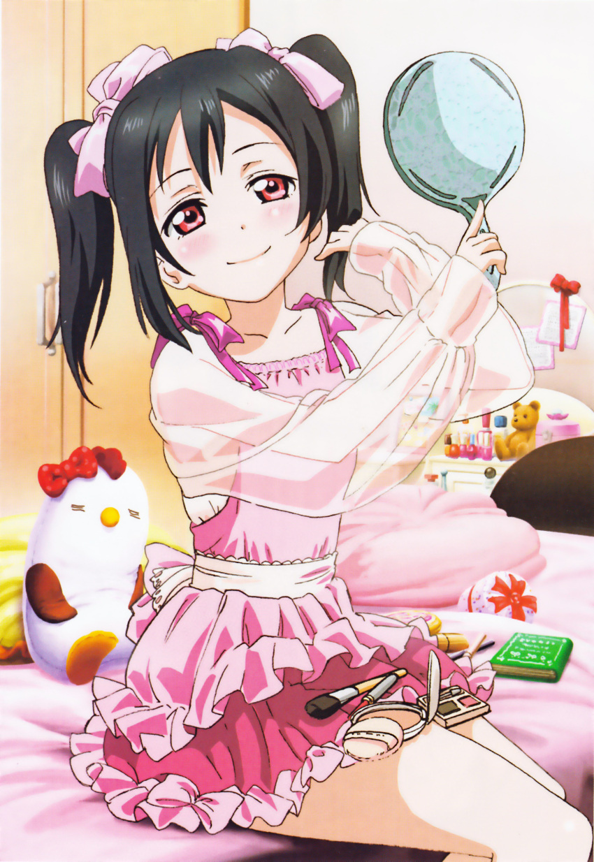 1girl absurdres artist_request black_hair blush bow casual dress hair_bow hand_mirror highres love_live!_school_idol_festival love_live!_school_idol_project makeup_brush mirror official_art pink pink_dress red_eyes sitting smile solo twintails yazawa_nico