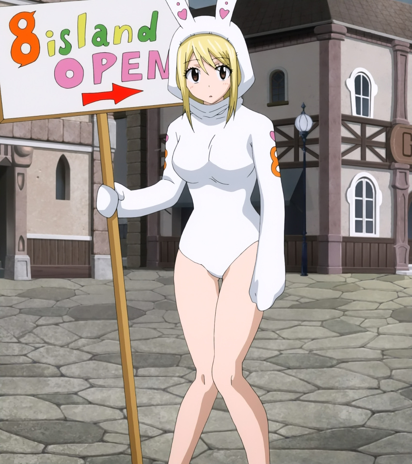1girl animal_ears blonde_hair bodysuit breasts brown_eyes cosplay fairy_tail female highres large_breasts lucy_heartfilia placard rabbit_ears screencap sign skin_tight solo standing stitched
