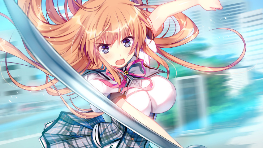 1girl blush bouncing_breasts breasts female game_cg highres kino_(kino_konomi) kino_konomi konomi_(kino_konomi) large_breasts long_hair looking_at_viewer open_mouth orange_hair school_uniform shinonome_setsuna shirogane_x_spirits simple_background skirt solo standing sword violet_eyes weapon