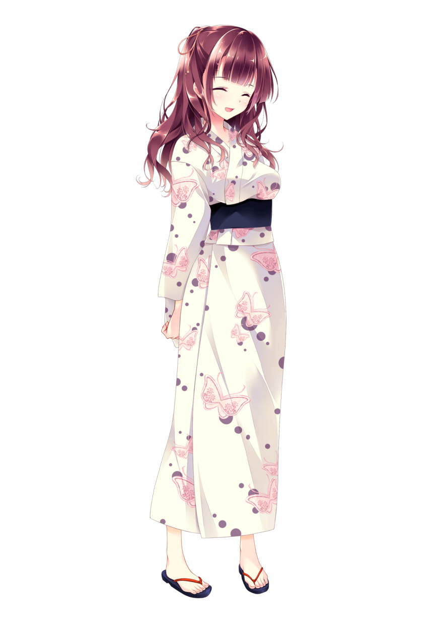1girl blush breasts brown_hair closed_eyes feet female game_cg golden_marriage happy hayakawa_harui highres ichijoji_toko japanese_clothes kimono large_breasts long_hair open_mouth sandals simple_background smile solo standing toes