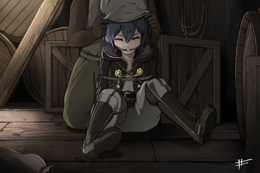 1girl ahoge arms_behind_back bdsm blue_hair bondage bound bound_arms captured cleave_gag closed_eyes cloth_gag dungeon faceless faceless_male fire_emblem fire_emblem:_kakusei gag gagged improvised_gag mark_(fire_emblem) rope sharpfffff short_hair sitting_on_floor tied_up