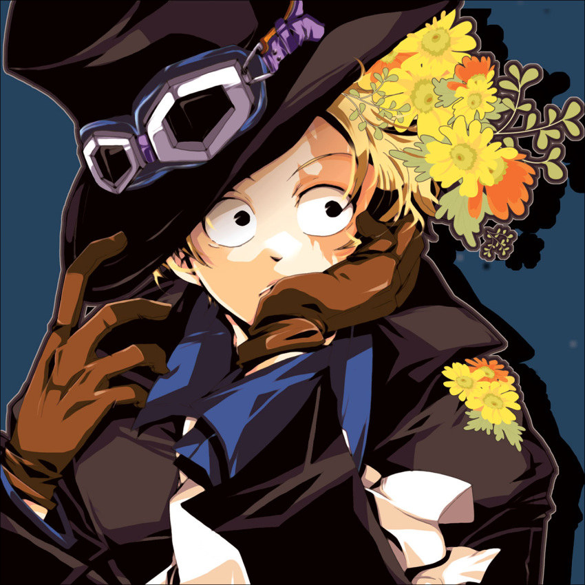 1boy blonde_hair cravat flower gloves goggles goggles_on_hat goggles_on_head male_focus one_piece sabo_(one_piece) scar solo surprised top_hat wide-eyed