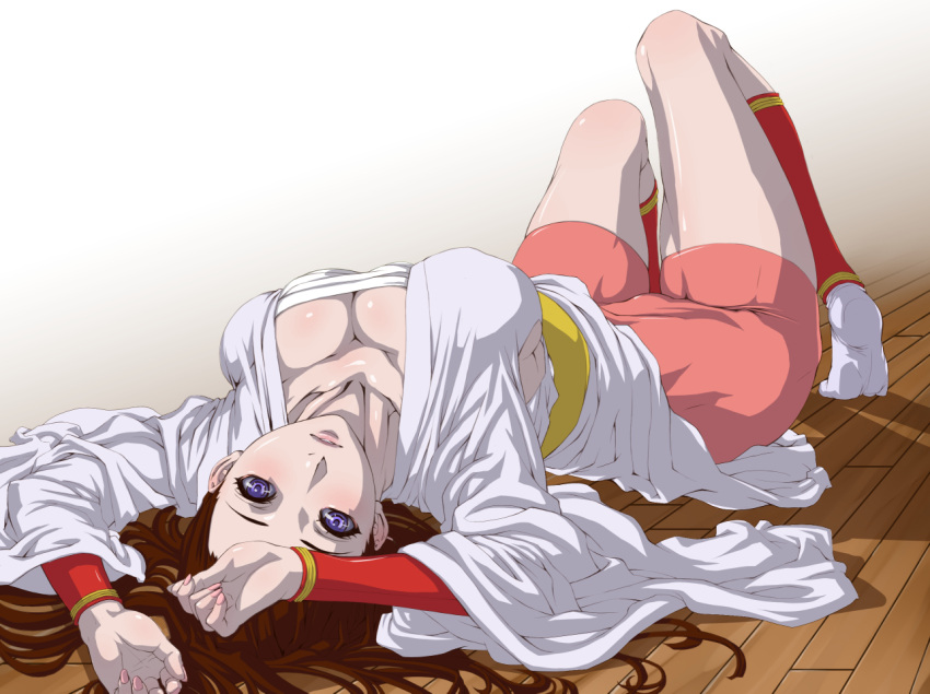 1girl arms_up blush breasts brown_hair cleavage collarbone feet female japanese_clothes large_breasts legs long_hair looking_at_viewer lying nail_polish no_shoes original pull_top sarashi simple_background socks solo thighs violet_eyes