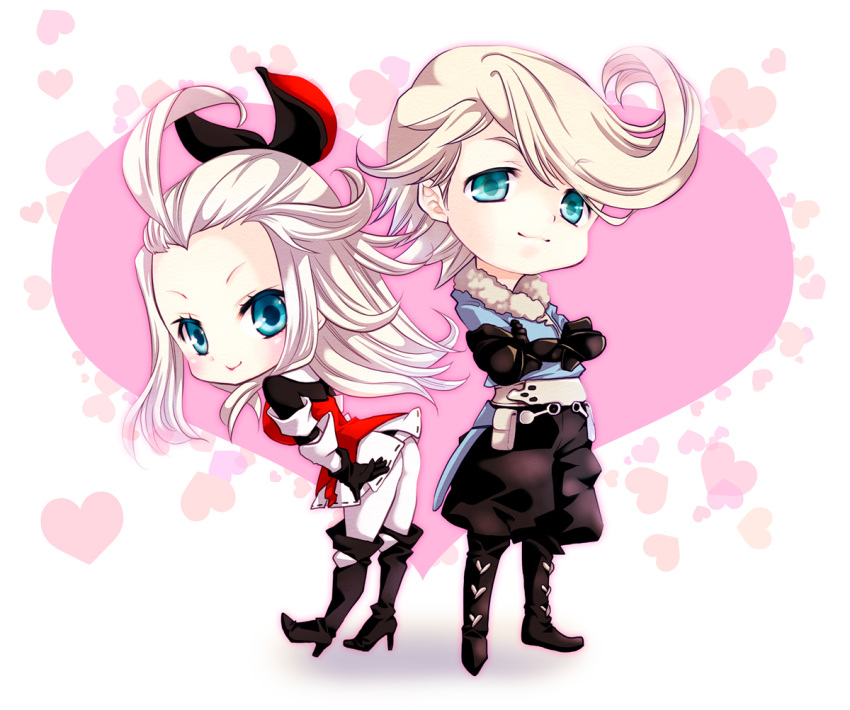 1boy 1girl ahoge aqua_eyes armor armored_dress ass bent_over blonde_hair blush boots bow bravely_default:_flying_fairy bravely_default_(series) breasts crossed_arms deformed edea_lee gloves hair_bow heart heart_background leaning leaning_forward long_hair looking_at_viewer pantyhose res-q ringabel short_hair smile standing white_legwear