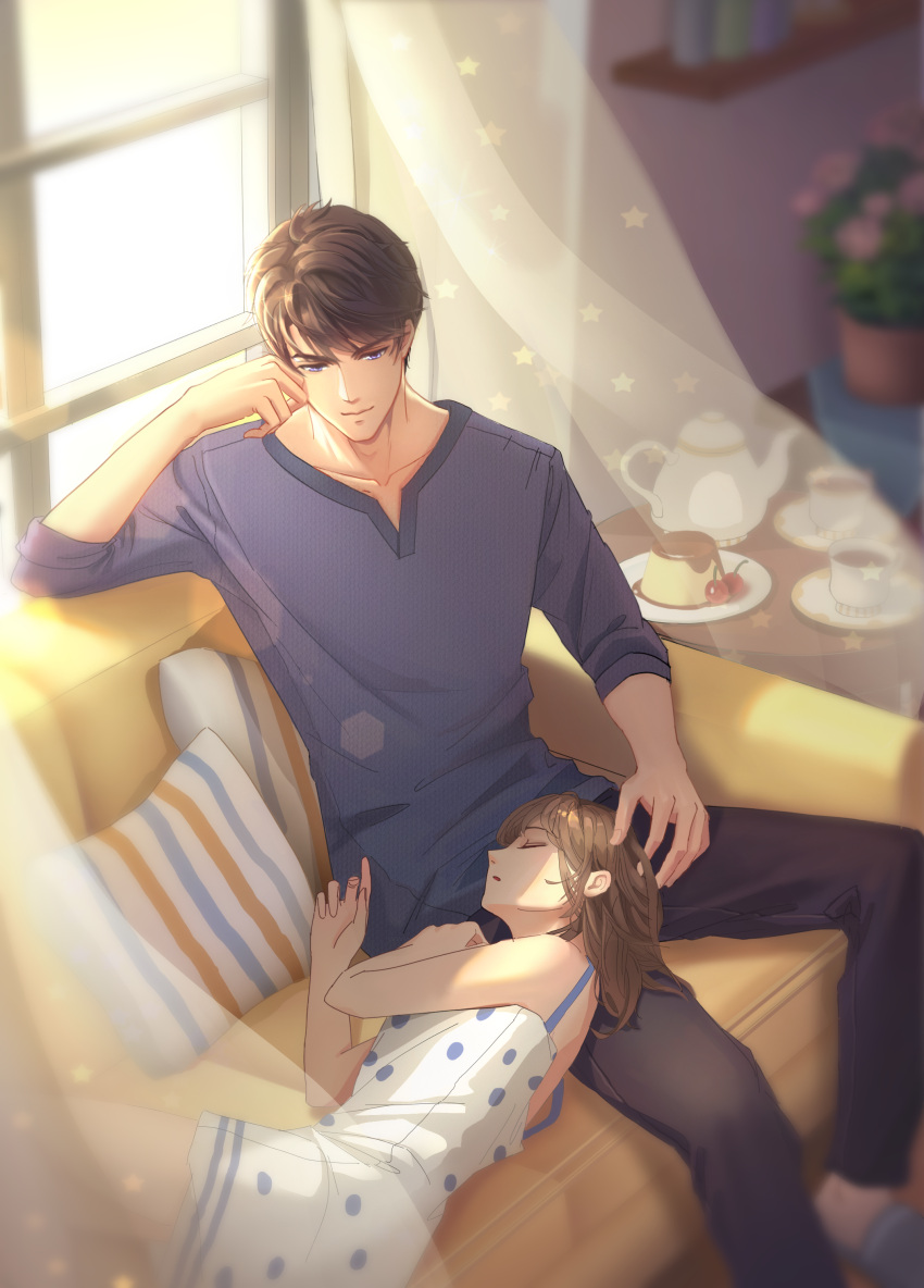 1boy 1girl absurdres bangs blurry blurry_background brown_hair couch creme_caramel cup curtains did_shushu_draw_today?_(user_pnjm8342) highres li_zeyan long_hair love_and_producer lying lying_on_lap object_hug on_side pajamas pillow pillow_hug plate polka_dot protagonist_(love_and_producer) purple_shirt shirt short_hair sitting sleeping sleeveless sleeveless_shirt sleeves_rolled_up table teacup violet_eyes window