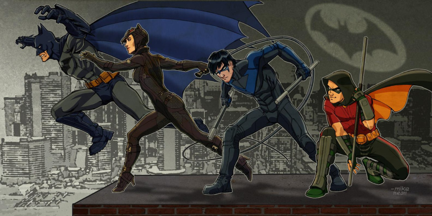 1girl 3boys armor batman batman:_arkham batman:_arkham_asylum batman_(series) belt bodysuit bruce_wayne cape catwoman city dc_comics dick_grayson domino_mask escrima_stick hood mask multiple_boys night nightwing robin_(dc) selina_kyle staff tim_drake whip