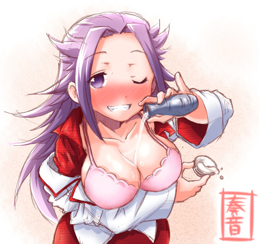 1girl artist_name blush bottle bra breasts choko_(cup) cleavage cup drunk female gradient gradient_background grin highres jun'you_(kantai_collection) kanon_(kurogane_knights) kantai_collection large_breasts long_hair looking_at_viewer loose_clothes one_eye_closed open_clothes pink_bra pouring purple_hair sake_bottle sketch smile solo tokkuri underwear violet_eyes