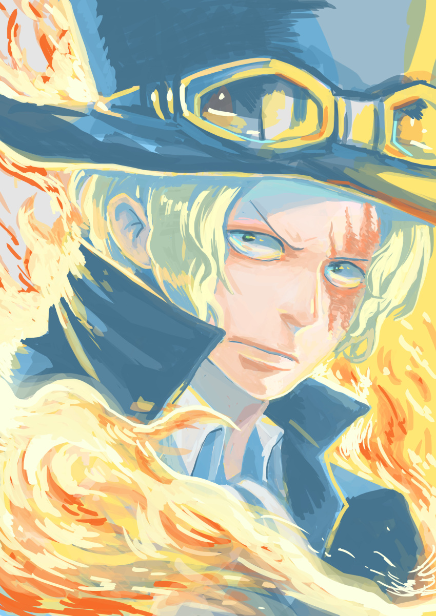 1boy blonde_hair cravat fire goggles goggles_on_hat hat highres looking_at_viewer male_focus one_piece sabo_(one_piece) scar solo top_hat