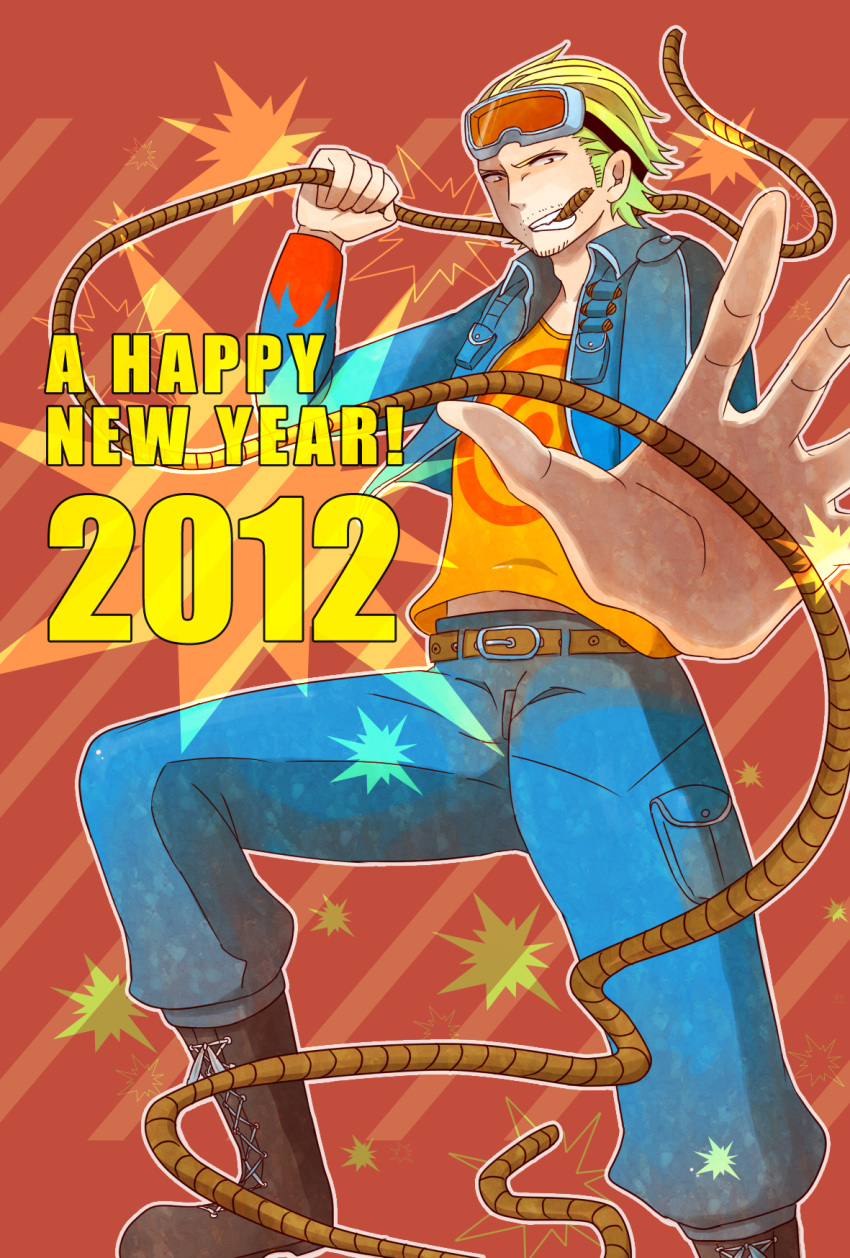 10s 1boy 2012 blonde_hair boots cigar goggles jacket male_focus new_year one_piece paulie rope solo water_7