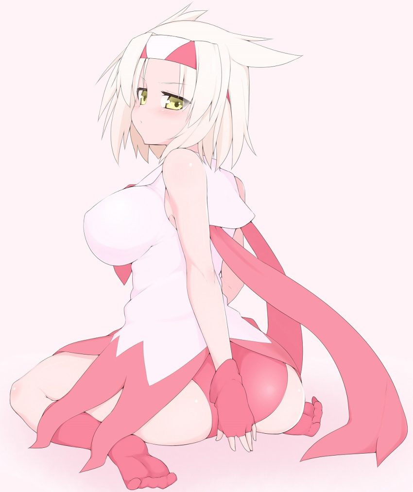 1girl ass bare_shoulders blush breasts covering covering_ass dress feet female headband huge_ass large_breasts latias natsuki_straight nintendo panties personification pokemon pout red_panties scarf short_hair simple_background socks solo underwear wariza white_hair yellow_eyes