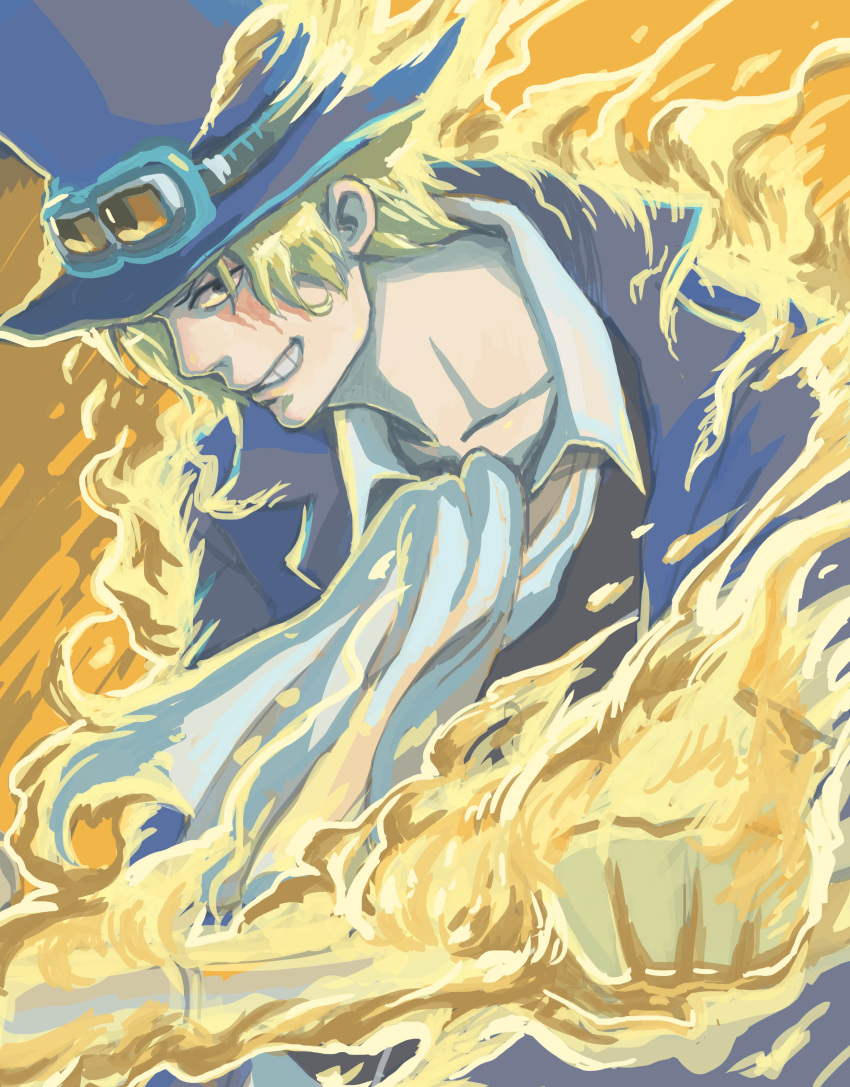 1boy blonde_hair cravat fire goggles goggles_on_hat hat highres male_focus one_piece sabo_(one_piece) scar solo top_hat