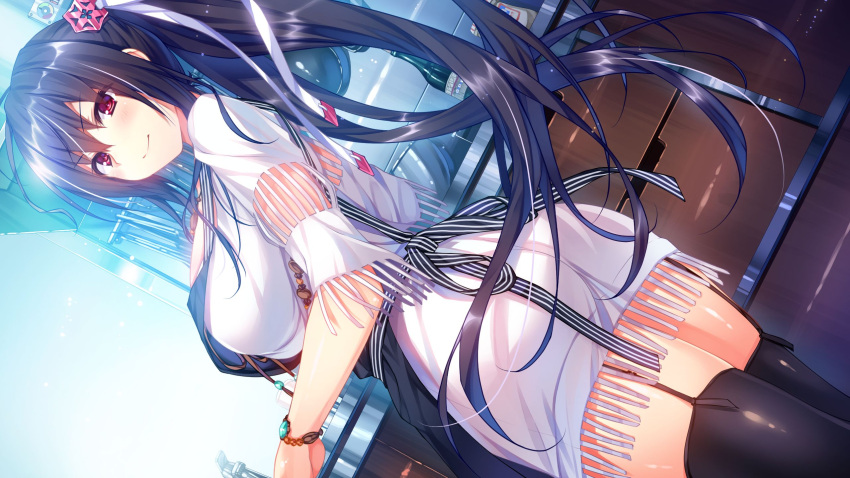 1girl apron ass blush breasts curvy female game_cg garter_straps highres kamura_masaki kino_(kino_konomi) kino_konomi kitchen konomi_(kino_konomi) large_breasts legs long_hair looking_at_viewer looking_back ponytail purple_hair red_eyes shirogane_x_spirits sideboob skirt smile solo standing thick_thighs thigh-highs thighs wide_hips