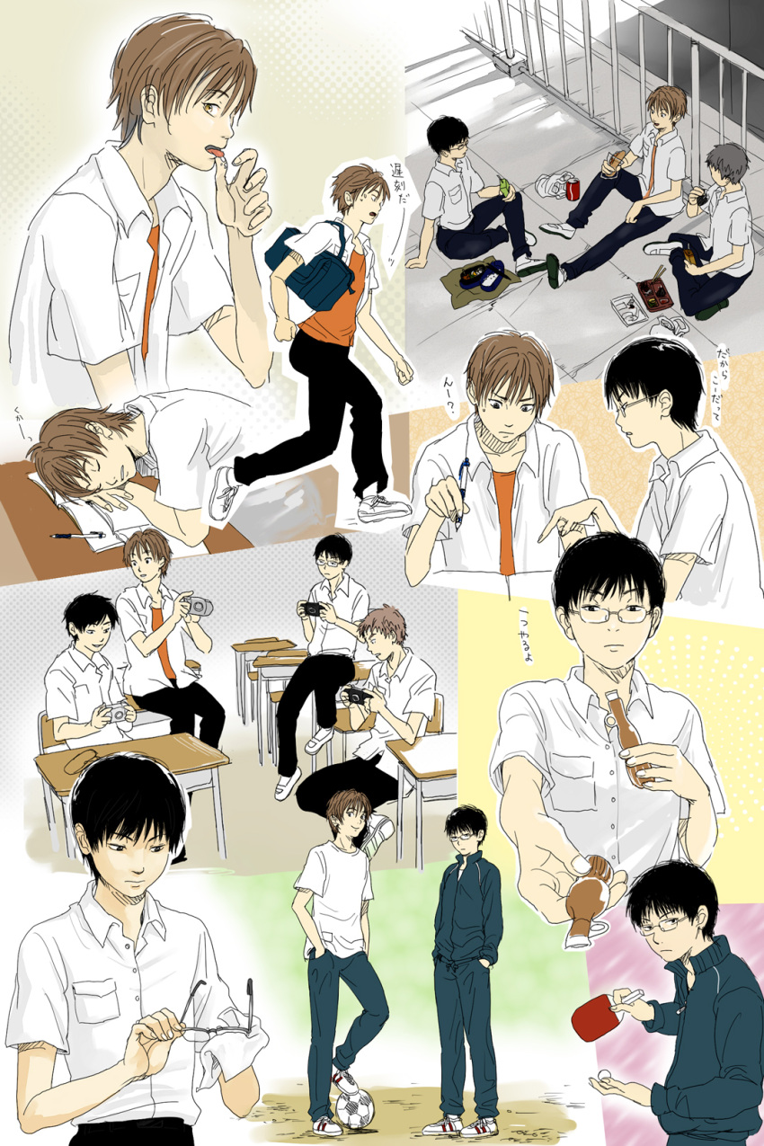 ball black_hair brown_hair cleaning_glasses collage desk drinking glasses handheld_game_console highres licking lunch male_focus multiple_boys offering_drink on_desk open_clothes open_shirt original paddle pen playstation_portable re:i rooftop running school_uniform shirt sitting sitting_on_desk sleeping soccer_ball table_tennis_paddle telstar track_suit translation_request