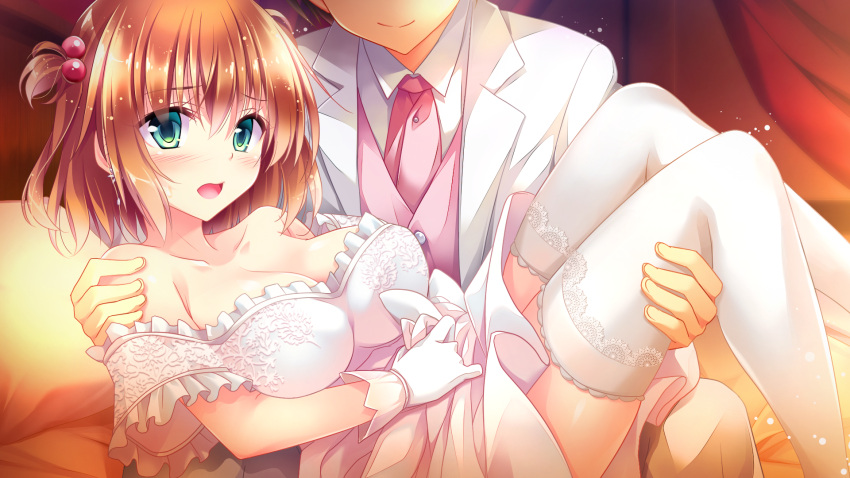 1girl bare_shoulders bed blush breasts cleavage collarbone dress game_cg gloves golden_marriage green_eyes hayakawa_harui highres large_breasts legs looking_at_viewer open_mouth orange_hair short_hair sitting tange_kasumi thigh-highs thighs
