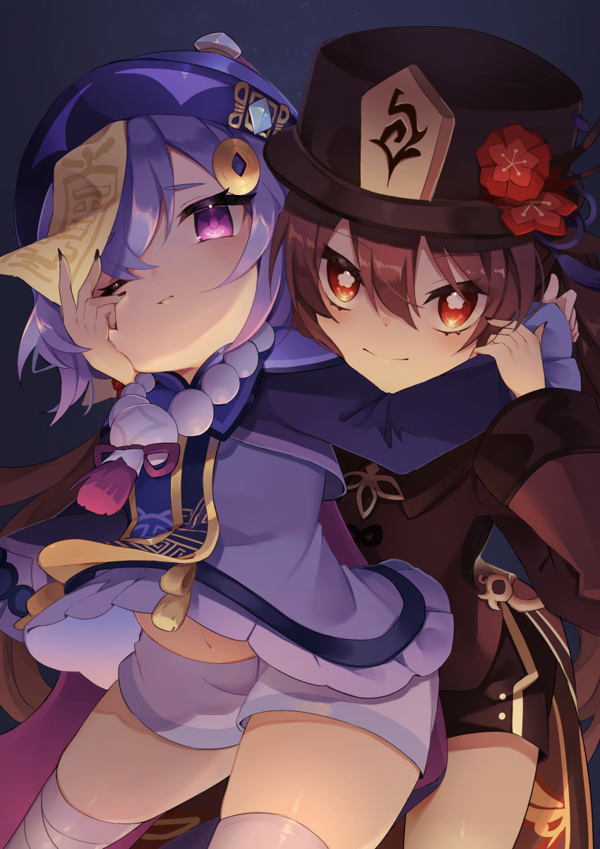 2girls absurdres bandaged_leg bandages bead_necklace beads brown_hair chinese_clothes ebichiri_sunday genshin_impact hat highres holding_another's_wrist hu_tao_(genshin_impact) jewelry jiangshi long_sleeves looking_at_viewer multiple_girls nail_polish navel necklace one_eye_closed purple_hair qiqi_(genshin_impact) red_eyes shorts symbol-shaped_pupils talisman thigh-highs thighs violet_eyes