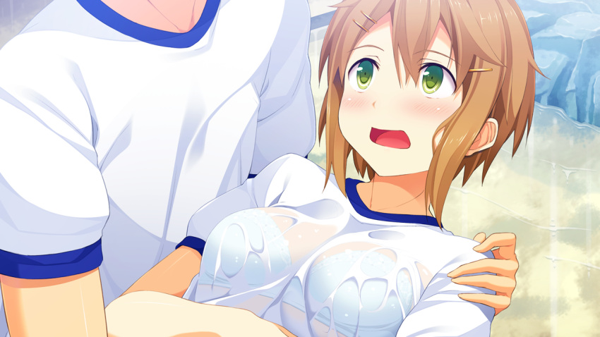1girl blush breasts brown_hair game_cg green_eyes gym_uniform kinta looking_up lying mayachi_(amuriya) open_mouth short_hair small_breasts solo_focus valkyrie_runabout! water wet_clothes