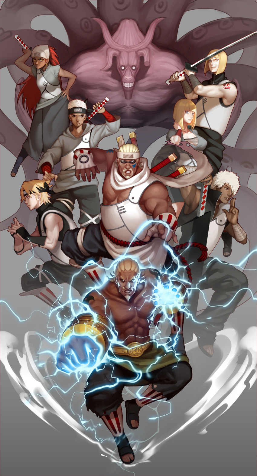 2girls 6+boys a_(naruto) a_(yondaime) abs absurdres armguard atsui bare_shoulders belt biceps blonde_hair breasts c_(naruto) cleavage dark_skin darui_(naruto) electricity facial_hair fingerless_gloves fishnets forehead_protector gloves goatee gyuuki_(naruto) high_collar highres horns karui_(naruto) killer_bee monster multiple_boys multiple_girls mustache naruto naruto_shippuuden noeunjung93 omoi_(naruto) open_collar redhead samui scarf shirtless silver_hair sunglasses tattoo tentacle toeless_legwear weapon wrist_wraps