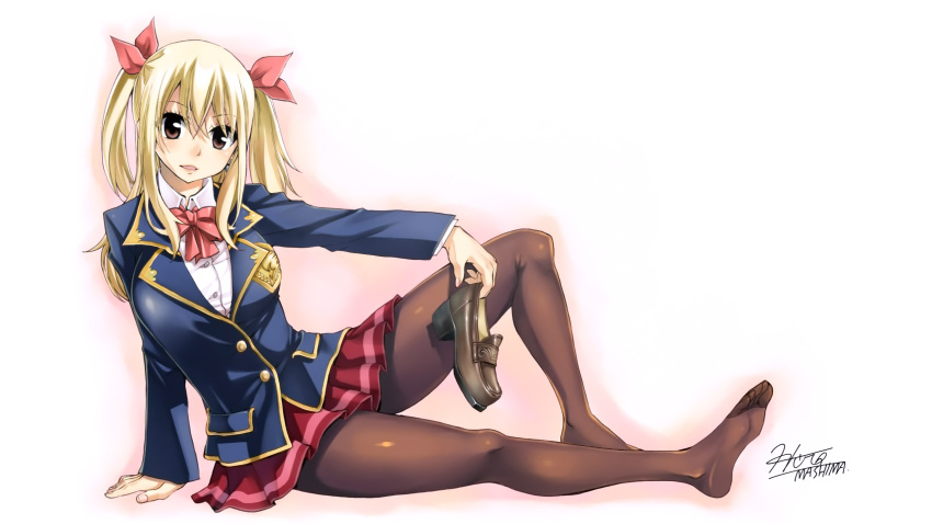 1girl blonde_hair brown_eyes fairy_tail feet full_body hair_ribbon highres long_hair lucy_heartfilia lying mashima_hiro pantyhose ribbon school_uniform screencap shoes_removed solo stitched toes twintails wallpaper